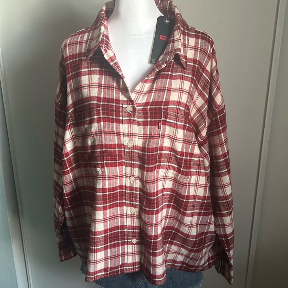 New Levi’s Woman’s Brushed Flannel Plaid Button Up Half Short Sleeve Cotton Top